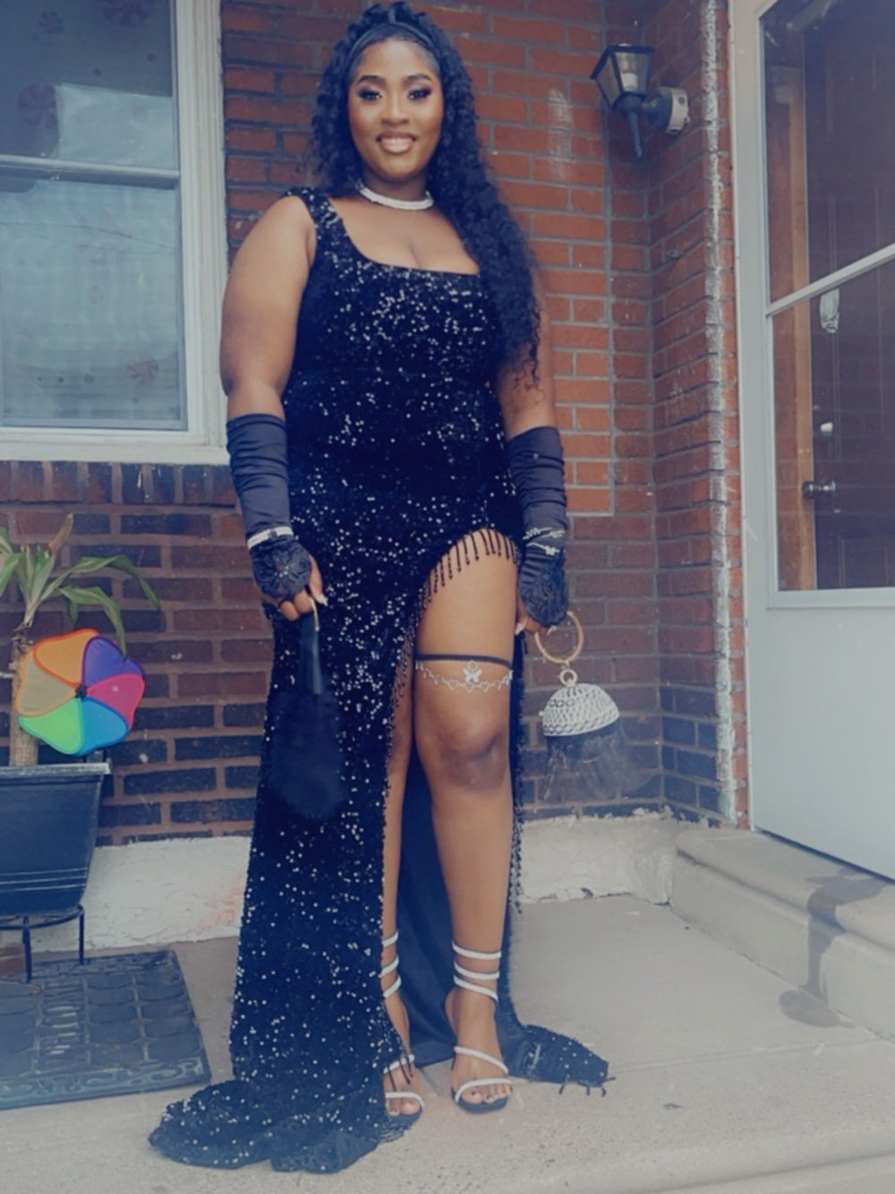 Black Sequin High-Slit Evening Gown